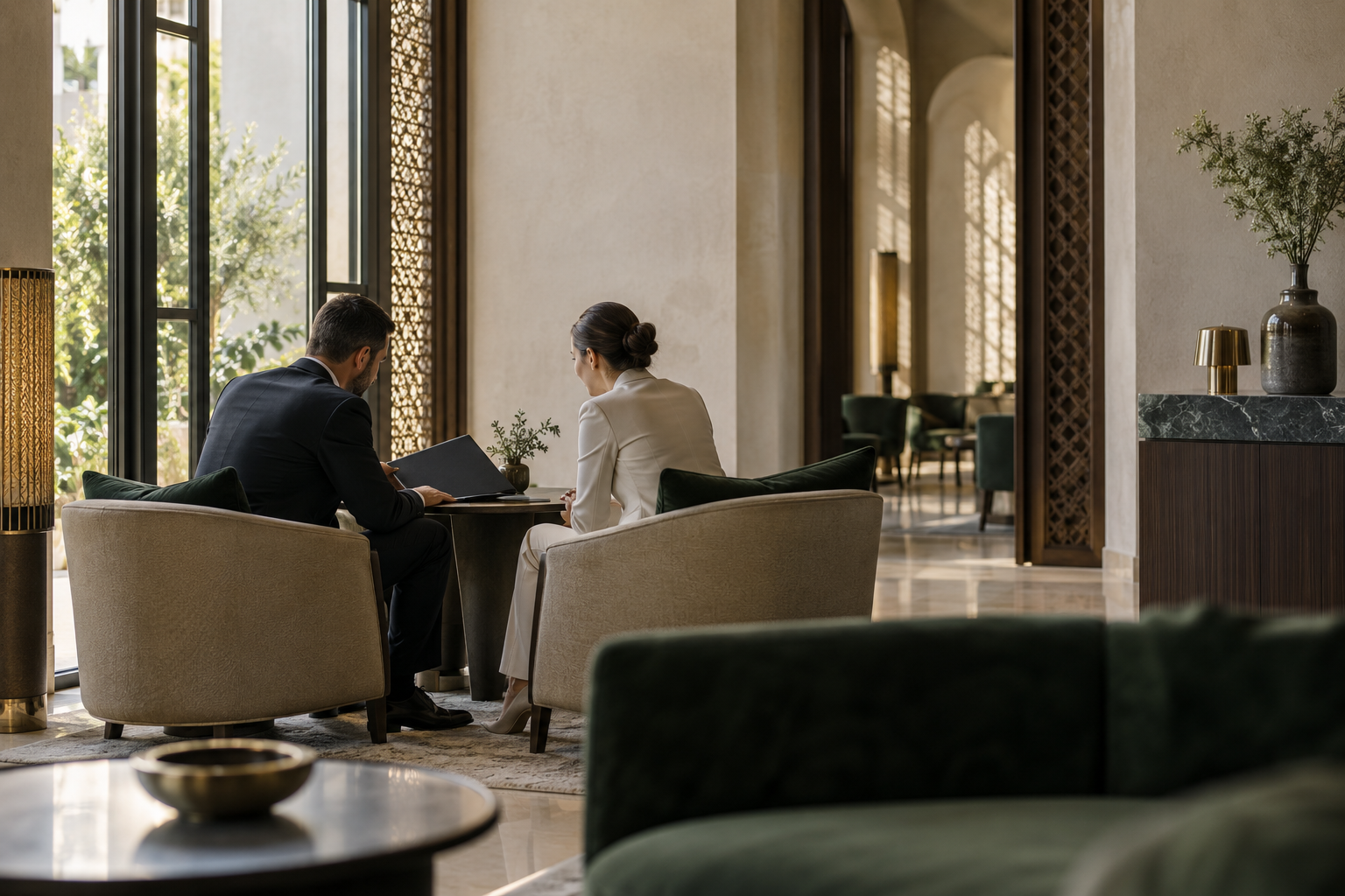 Deux professionnels échangent dans un salon contemporain à Rabat