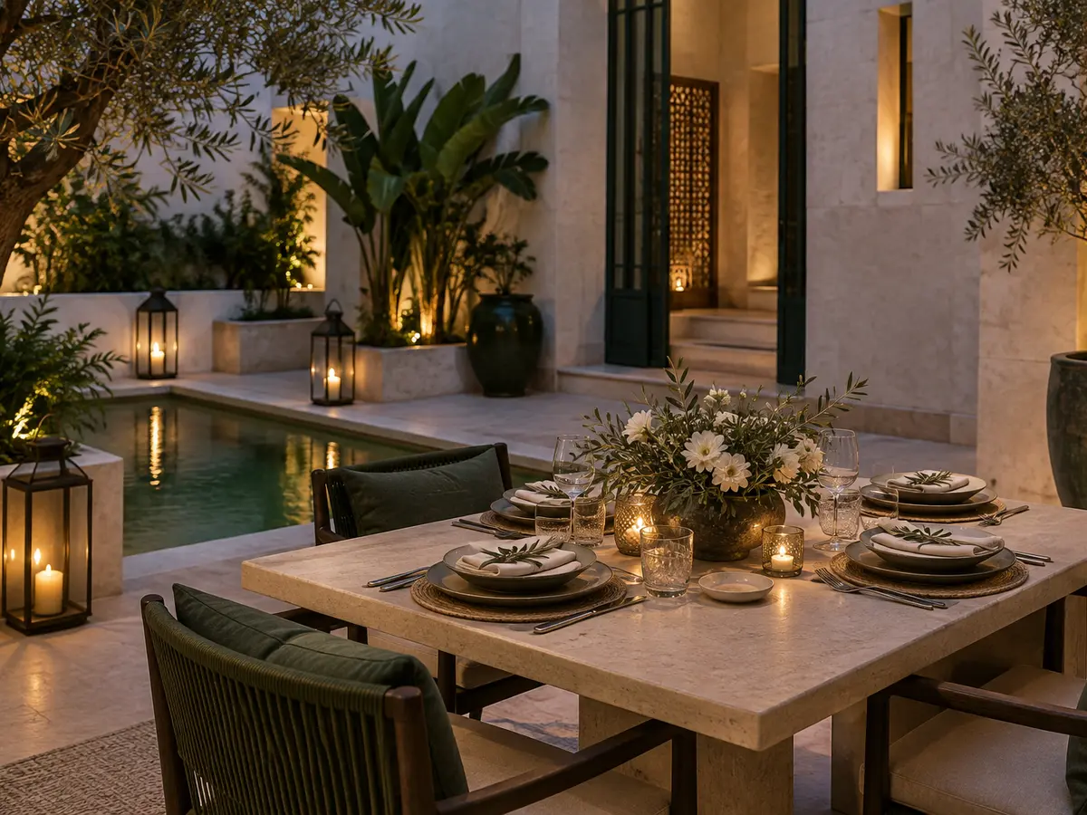Table privée préparée dans un patio contemporain